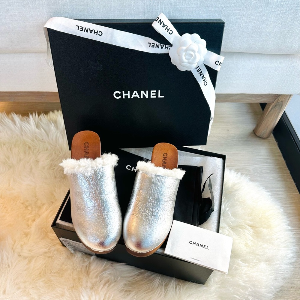 CHANEL CC Logo Wedge Heeled Mules